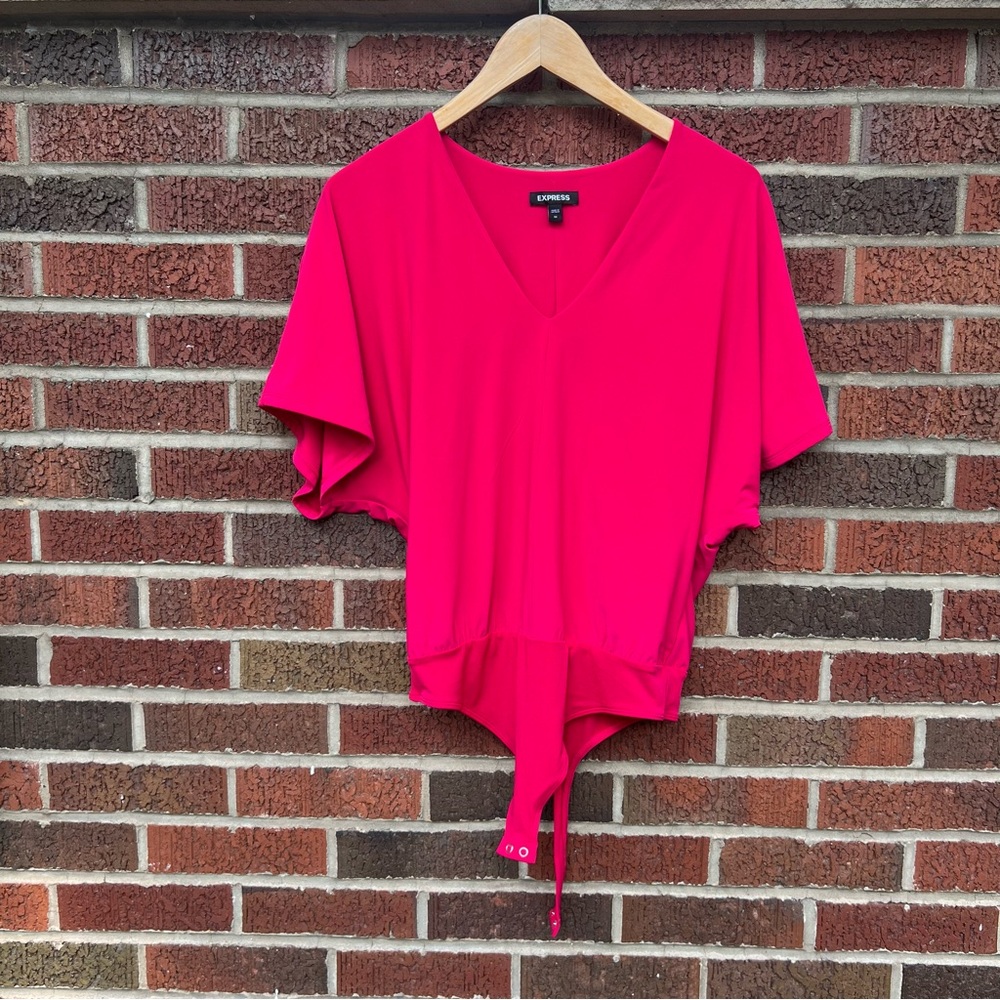 Express Hot Pink V Neck Butterfly Sleeve Short Sleeve Bodysuit